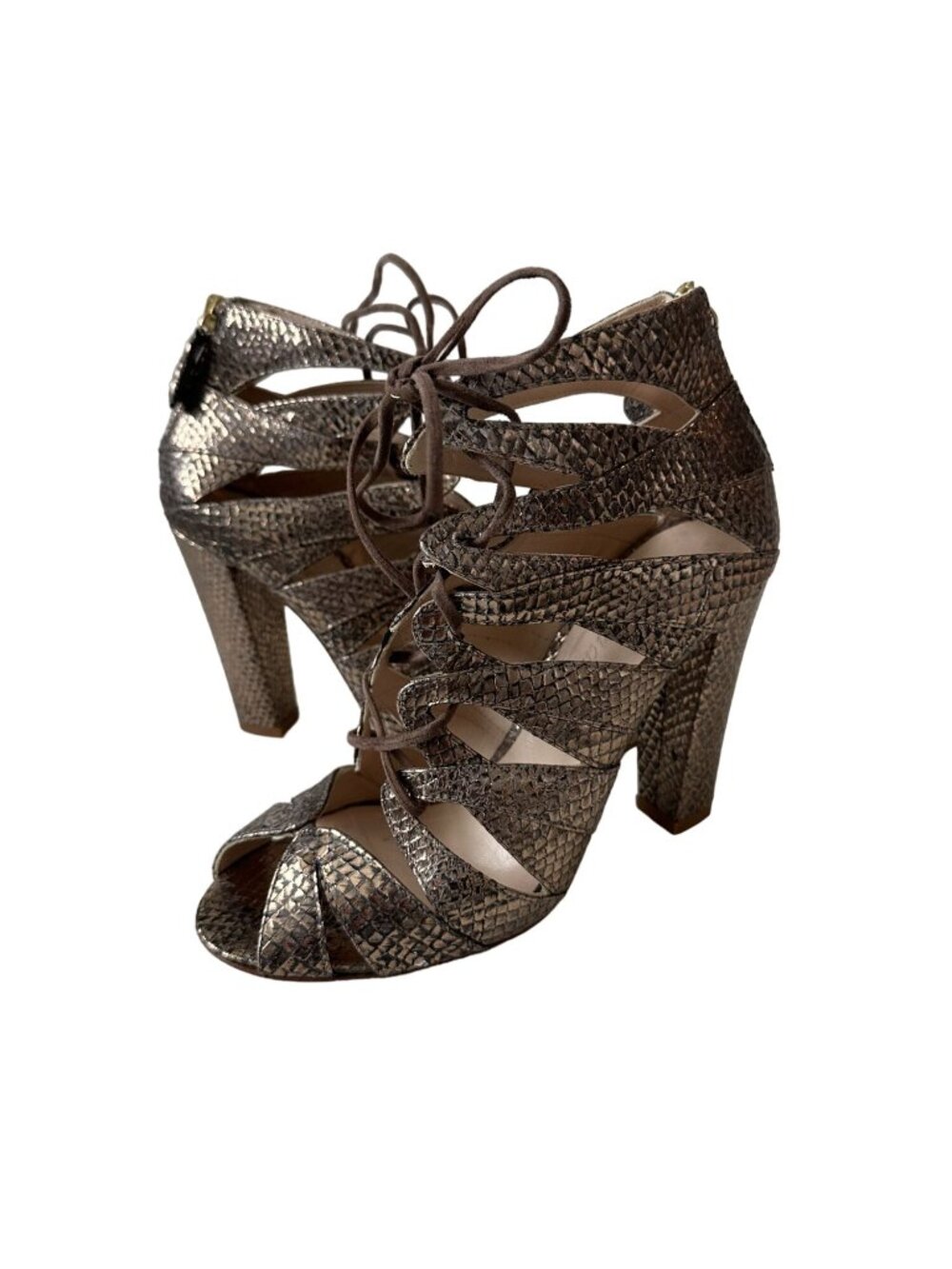 DELMAN Gold Metallic Leather Lace Up Heels Size 7